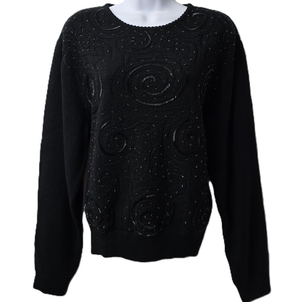 Vintage Wool Knit Beaded Sweater L Top Mom Swirl Sparkle Black 80s Liz Claiborne